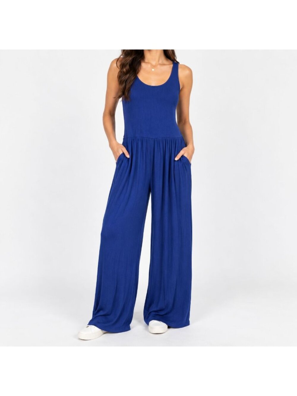 IMBODHI XS Blue Ribbed Jumpsuit Wide Leg Sleeveless Made in San Francisco